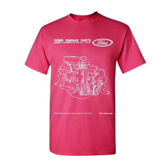 Tee Hunt Ford Engine Parts T-Shirt Straight Six Cylinder Motor 1965 Men's Novelty Shirt, Hot Pink, Medium