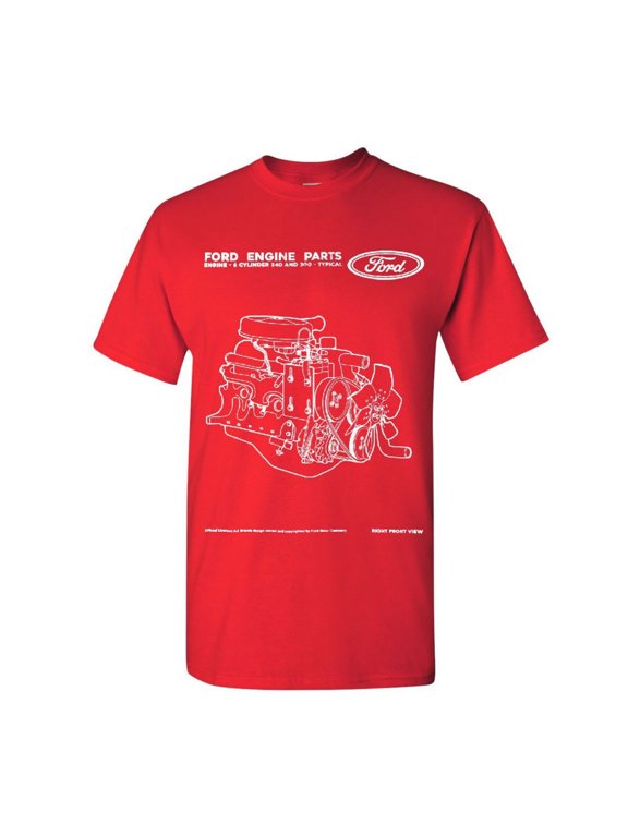 Ford Engine Parts T-Shirt Straight Six Cylinder Motor 1965 Men's Novelty Shirt, Red, X-Large