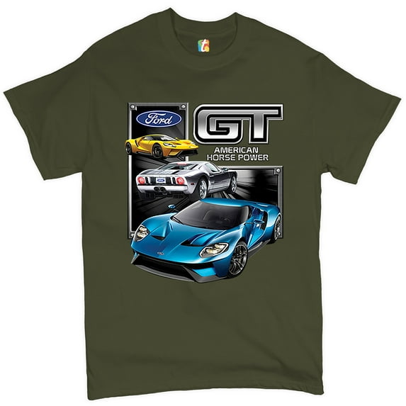 Tee Hunt Ford GT American Horse Power T-Shirt Sports Race Car Licensed Men's Tee, Military Green, 4X-Large