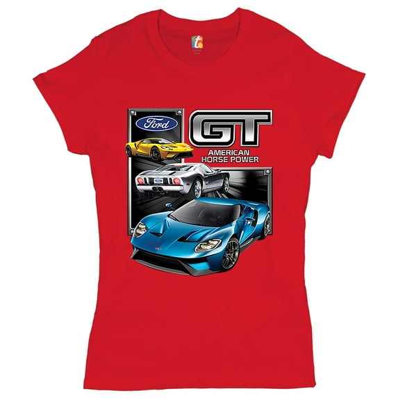 Tee Hunt Ford GT American Horse Power T-Shirt Sports Race Car Licensed Women's T-Shirt Tee, Red, Medium