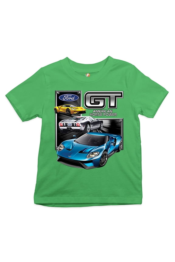 Ford GT American Horse Power Youth T-Shirt Sports Race Car Licensed Kids, Green, Medium