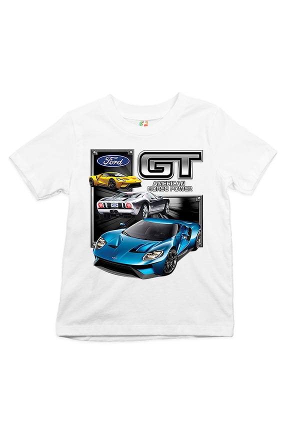 Ford GT American Horse Power Youth T-Shirt Sports Race Car Licensed Kids, White, Large