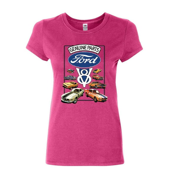 Tee Hunt Ford Genuine Parts Women's T-Shirt American Classic Muscle Cars V8 Motor Shirt, Pink, Large