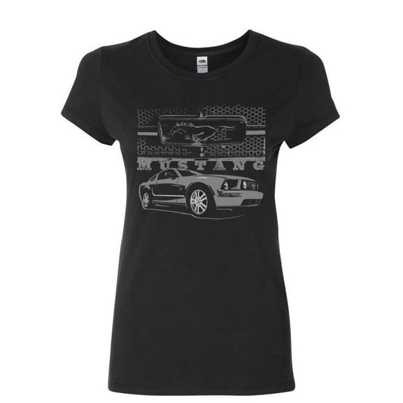 Tee Hunt Ford Honeycomb Grille Women's T-Shirt Mustang Silhouette US Muscle Car Shirt, Black, Large