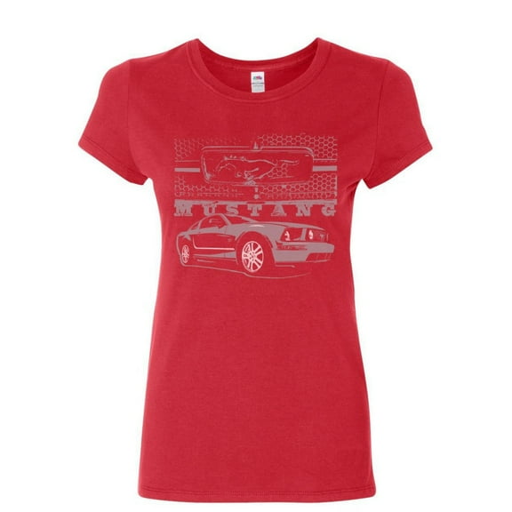 Tee Hunt Ford Honeycomb Grille Women's T-Shirt Mustang Silhouette US Muscle Car Shirt, Red, Small