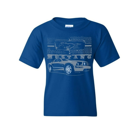Tee Hunt Ford Honeycomb Grille Youth T-Shirt Mustang Silhouette US Muscle Car Kids Tee, Blue, Large