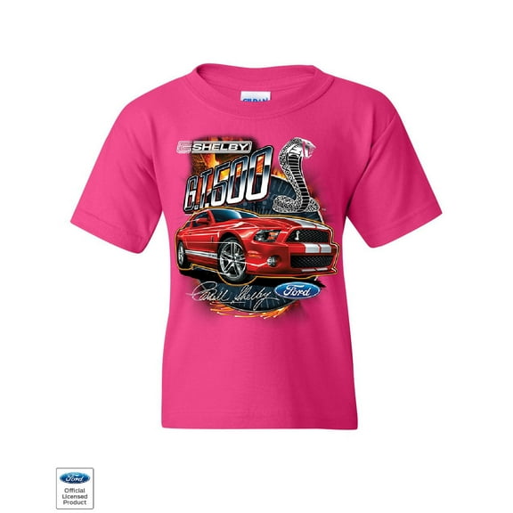 Tee Hunt Ford Mustang 2014 Shelby GT500 Cobra Youth T-Shirt American Muscle Car Kids Tee, Pink, Large