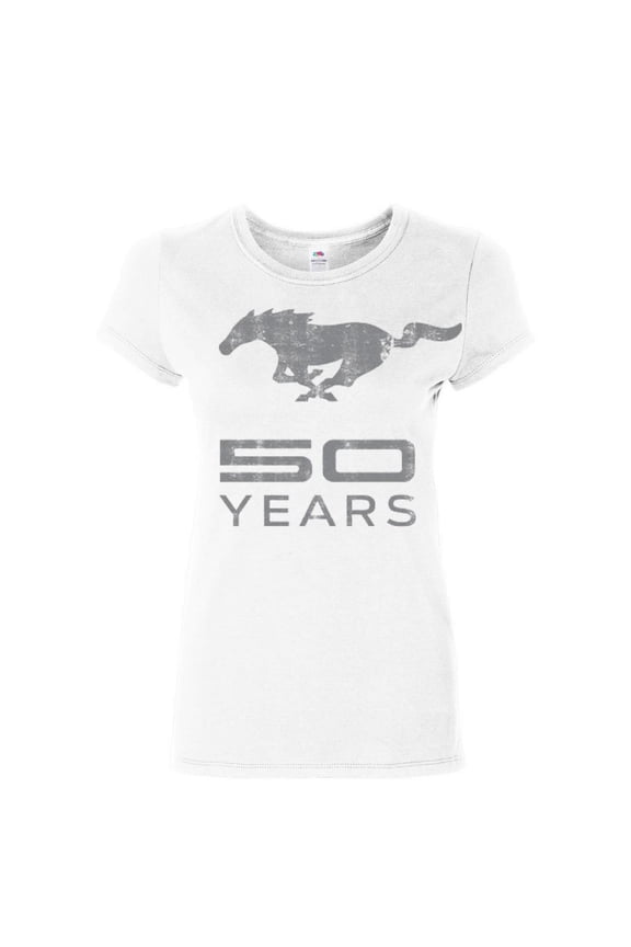 Ford Mustang 50 Years Cotton T-Shirt Anniversary Licensed, White, Large
