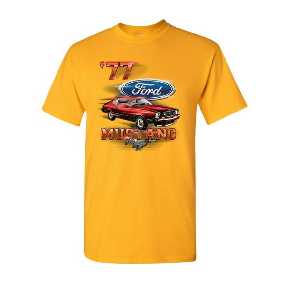 Tee Hunt Ford Mustang '77 T-Shirt American Classic Muscle Car Mens Shirt, Yellow, Small