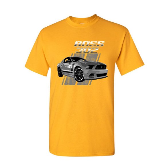 Tee Hunt Ford Mustang Boss 302 T-Shirt 50 Years Anniversary Muscle Car Shirt, Yellow, Medium