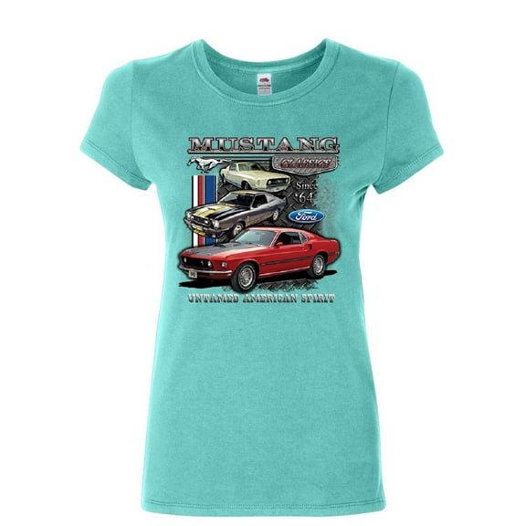 Tee Hunt Ford Mustang Classics Women's T-Shirt Muscle Car Untamed American Spirit Shirt, Light Blue, Small