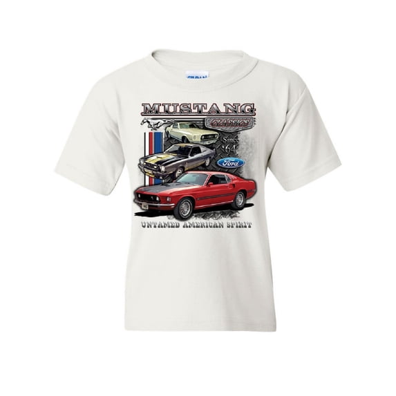 Tee Hunt Ford Mustang Classics Youth T-Shirt Muscle Car Untamed American Spirit Kids Tee, White, Medium