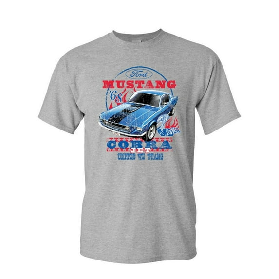 Tee Hunt Ford Mustang Cobra 1968 T-Shirt United We Stang American Classic Mens Shirt, Gray, Medium