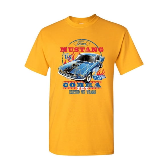 Tee Hunt Ford Mustang Cobra 1968 T-Shirt United We Stang American Classic Mens Shirt, Yellow, Large