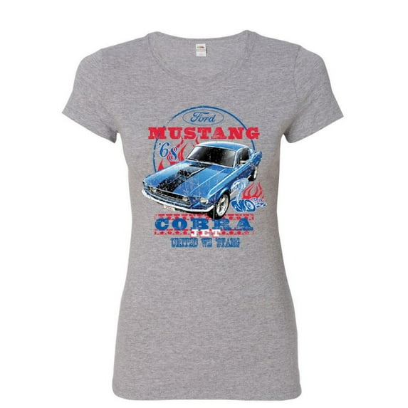 Tee Hunt Ford Mustang Cobra 1968 Women's T-Shirt United We Stang American Classic Shirt, Gray, Medium