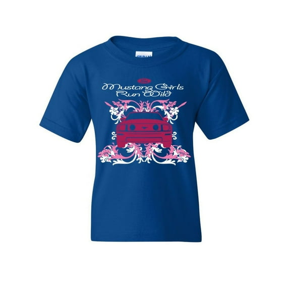 Tee Hunt Ford Mustang Girls Run Wild Youth T-Shirt Pink American Muscle Car Kids Tee, Blue, X-Large