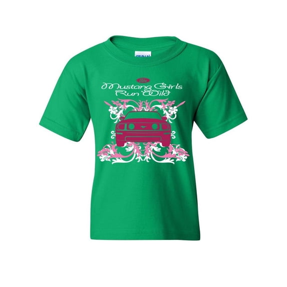 Tee Hunt Ford Mustang Girls Run Wild Youth T-Shirt Pink American Muscle Car Kids Tee, Green, Large