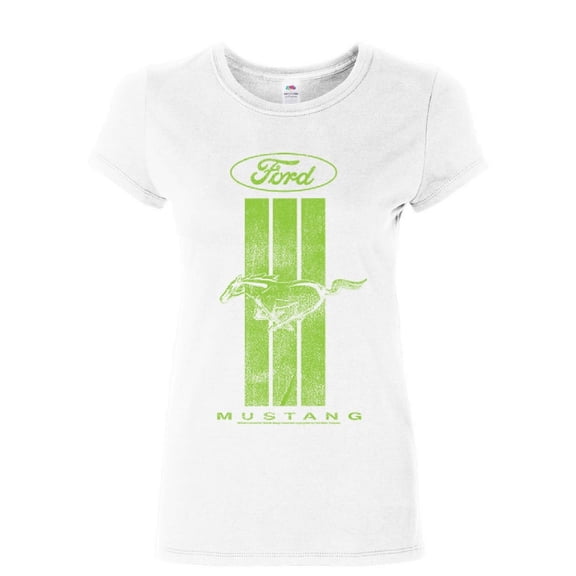 Tee Hunt Ford Mustang Green Stripe Women's T-Shirt Classic American Muscle, White, Medium