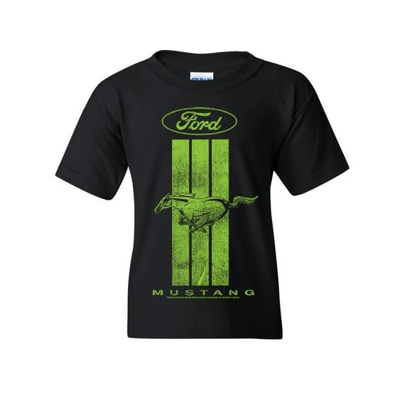 Tee Hunt Ford Mustang Green Stripe Youth T-Shirt Classic American Muscle Car, Black, Large