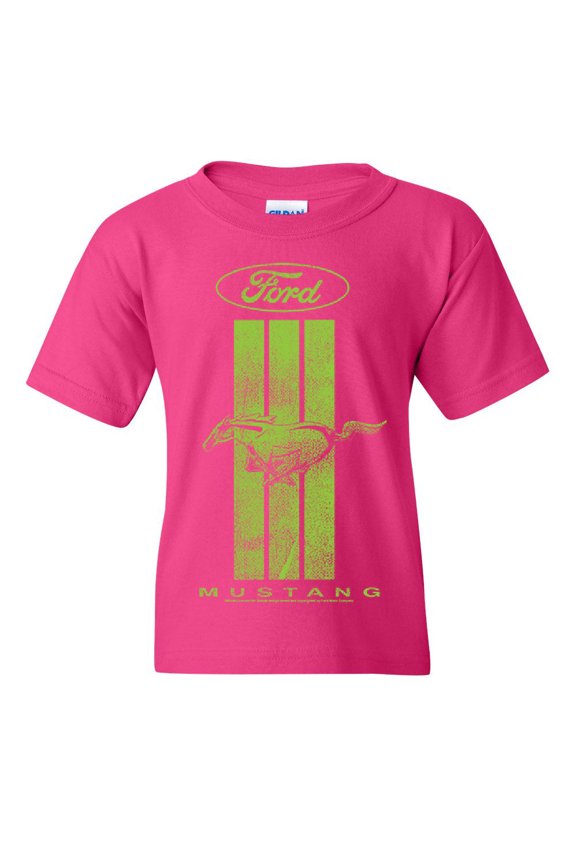 Ford Mustang Green Stripe Youth T-Shirt Classic American Muscle Car, Pink, Medium