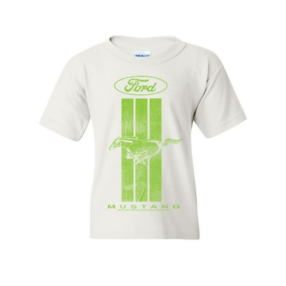 Tee Hunt Ford Mustang Green Stripe Youth T-Shirt Classic American Muscle Car, White, Medium