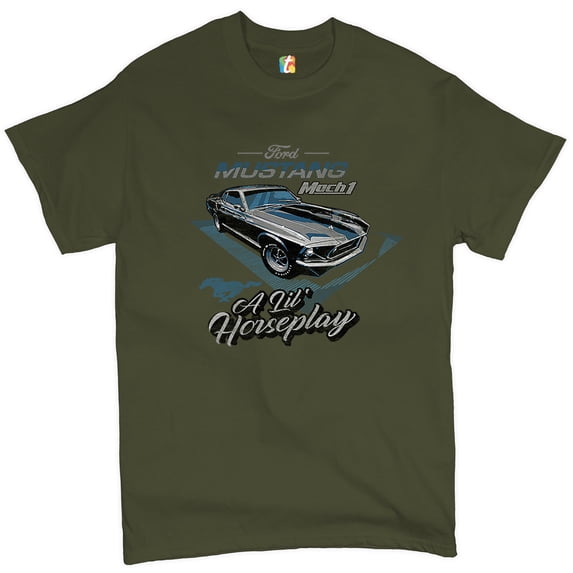 Tee Hunt Ford Mustang Mach 1 A Lil' Horseplay T-Shirt Muscle Car Licensed Men's Tee, Military Green, X-Large