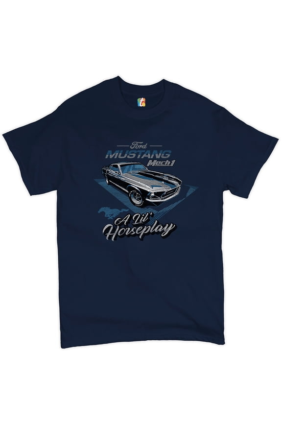 Ford Mustang Mach 1 A Lil' Horseplay T-Shirt Muscle Car Licensed Men's Tee, Navy Blue, Large