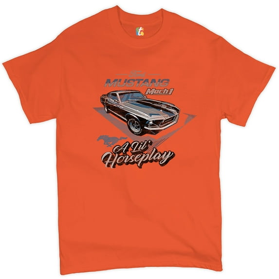 Tee Hunt Ford Mustang Mach 1 A Lil' Horseplay T-Shirt Muscle Car Licensed Men's Tee, Orange, Large