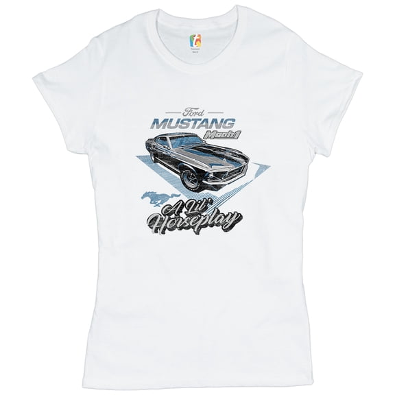 Tee Hunt Ford Mustang Mach 1 A Lil' Horseplay T-Shirt Muscle Car Licensed Women's T-Shirt Tee, White, Small