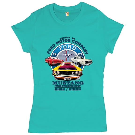 Tee Hunt Ford Mustang T-Shirt Detroit Mi. 1903 Ford Motor Company Licensed Women's T-Shirt Tee, Light Blue, Large