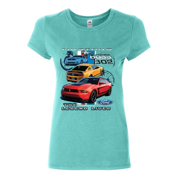 Tee Hunt Ford Mustang The Legend Lives Hooded Cotton T-Shirt Shelby Boss 302 GT American Muscle Car, Light Blue, Medium
