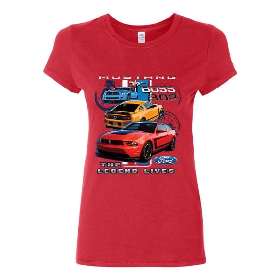 Tee Hunt Ford Mustang The Legend Lives Hooded Cotton T-Shirt Shelby Boss 302 GT American Muscle Car, Red, Medium
