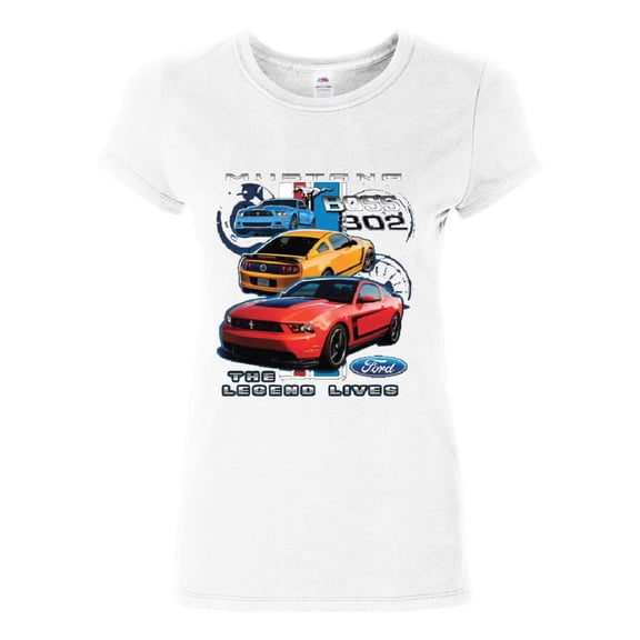 Tee Hunt Ford Mustang The Legend Lives Hooded Cotton T-Shirt Shelby Boss 302 GT American Muscle Car, White, XX-Large