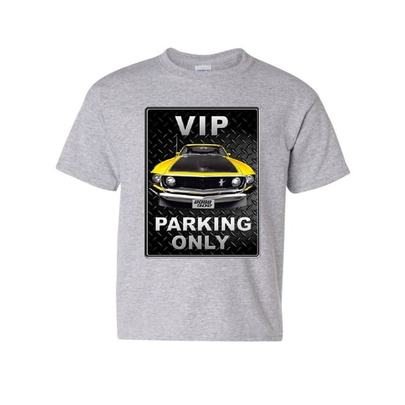 Tee Hunt Ford Mustang VIP Parking Only Youth T-Shirt Yellow Boss 302 Muscle Car Kids Tee, Gray, Small