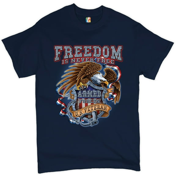 Tee Hunt Freedom Is Never Free T-shirt U.S. Veteran Armed Forces Military Men's Tee, Navy Blue, Large