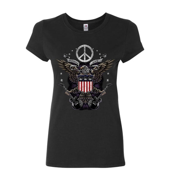 Tee Hunt Freedom Rock Women's T-Shirt Peace American Flag Bald Eagle 4th of July Shirt, Black, X-Large