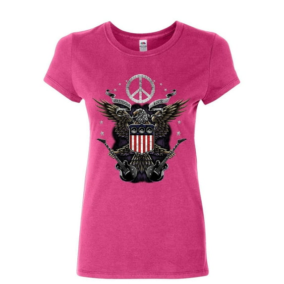 Tee Hunt Freedom Rock Women's T-Shirt Peace American Flag Bald Eagle 4th of July Shirt, Pink, Medium