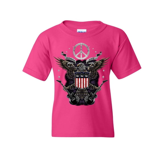 Tee Hunt Freedom Rock Youth T-Shirt Peace American Flag Bald Eagle 4th of July Kids Tee, Pink, Small