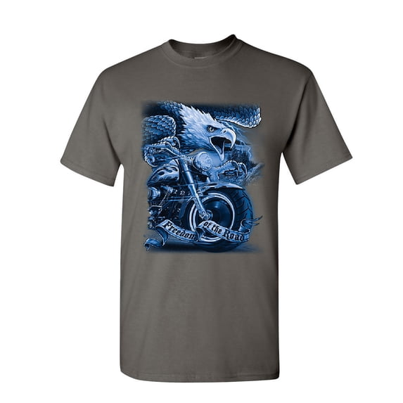 Tee Hunt Freedom of The Road T-Shirt Biker Born to be Wild MC Bald Eagle Mens Shirt, Charcoal, Small
