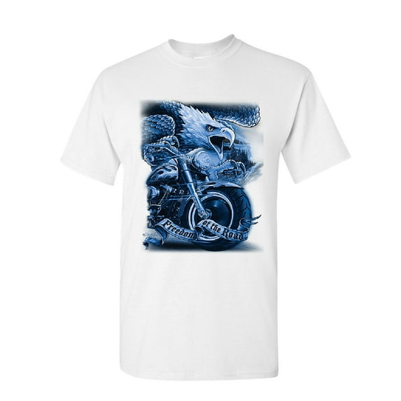 Tee Hunt Freedom of The Road T-Shirt Biker Born to be Wild MC Bald Eagle Mens Shirt, White, X-Large