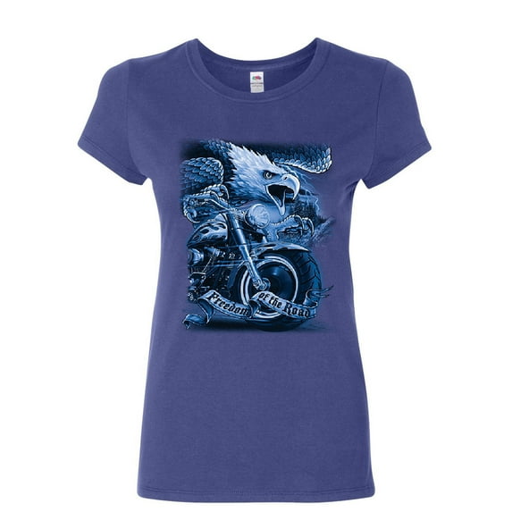 Tee Hunt Freedom of The Road Women's T-Shirt Biker Born to be Wild MC Bald Eagle Shirt, Blue, X-Large