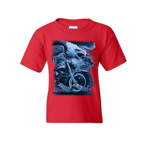 Tee Hunt Freedom of the Road Youth T-Shirt Biker Born to be Wild MC Bald Eagle Kids Tee, Red, Medium