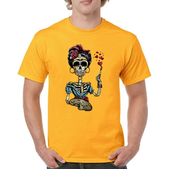 Tee Hunt Frida Kahlo Sugar Skull T-Shirt Calavera Day of The Dead Men's Tee, Yellow, Large
