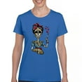thumbnail image 1 of Tee Hunt Frida Kahlo Sugar Skull T-Shirt Calavera Day of The Dead Women's T-Shirt Tee, Blue, Small, 1 of 5