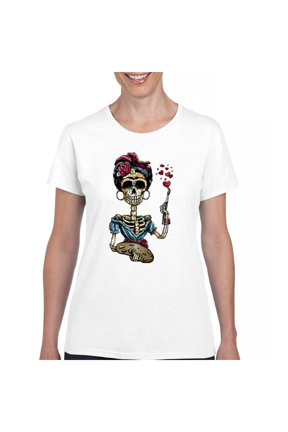 Frida Kahlo Sugar Skull T-Shirt Calavera Day of The Dead Women's T-Shirt Tee, White, X-Large