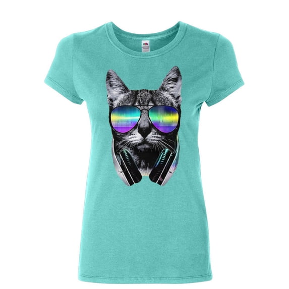 Tee Hunt Funny DJ Cat Cotton T-Shirt Music Kitten Headphones and Glasses, Light Blue, Small