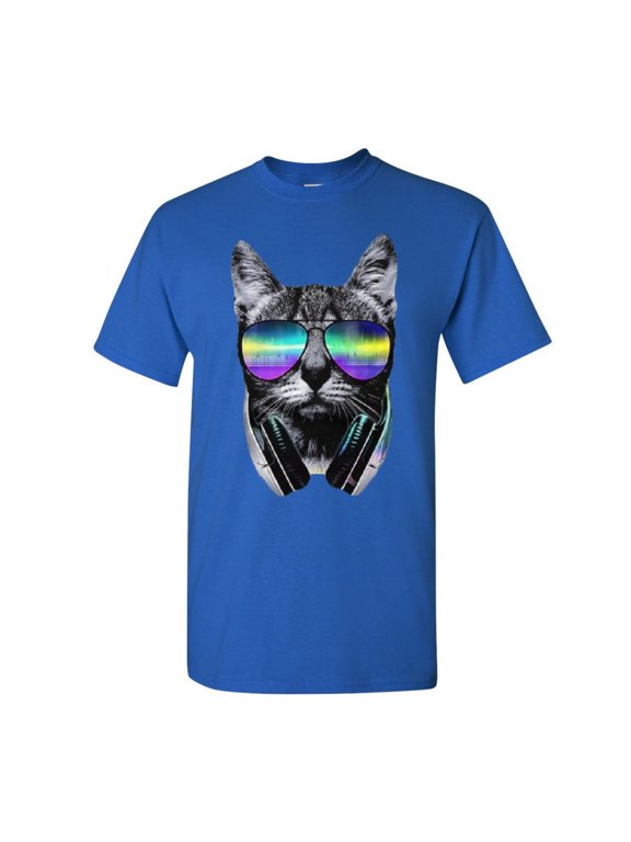 Funny DJ Cat T-Shirt Music Kitten Headphones and Glasses Shirt, Blue, Large