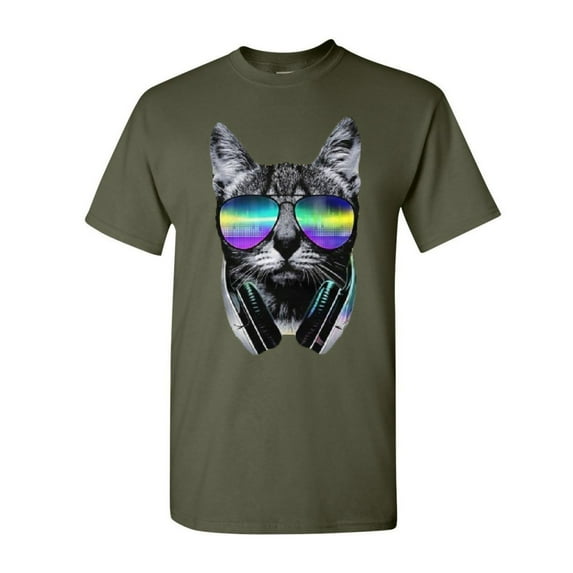 Tee Hunt Funny DJ Cat T-Shirt Music Kitten Headphones and Glasses Shirt, Military Green, Medium