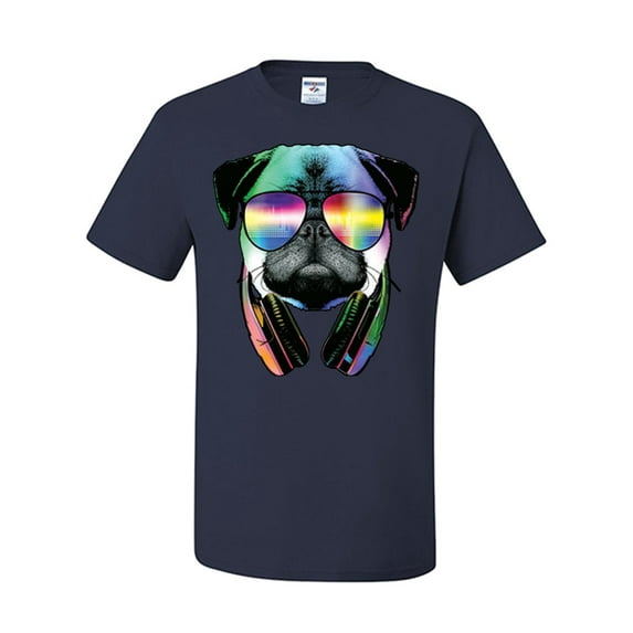 Tee Hunt Funny Pug DJ in Sunglasses and Headphones T-Shirt Neon Music Shirt, Navy Blue, X-Large