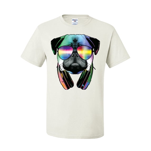 Tee Hunt Funny Pug DJ in Sunglasses and Headphones T-Shirt Neon Music Shirt, White, XX-Large